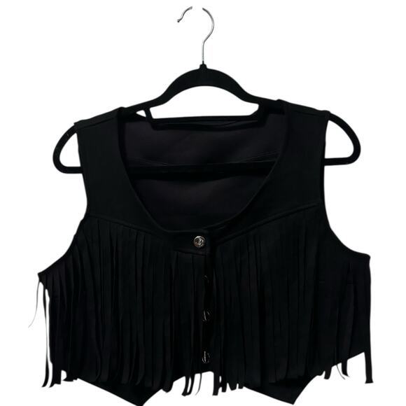 SweatyRocks Women's L Suede Fringe Trim Sleeveless Crop Vest Jacket Button Front - Picture 3 of 9
